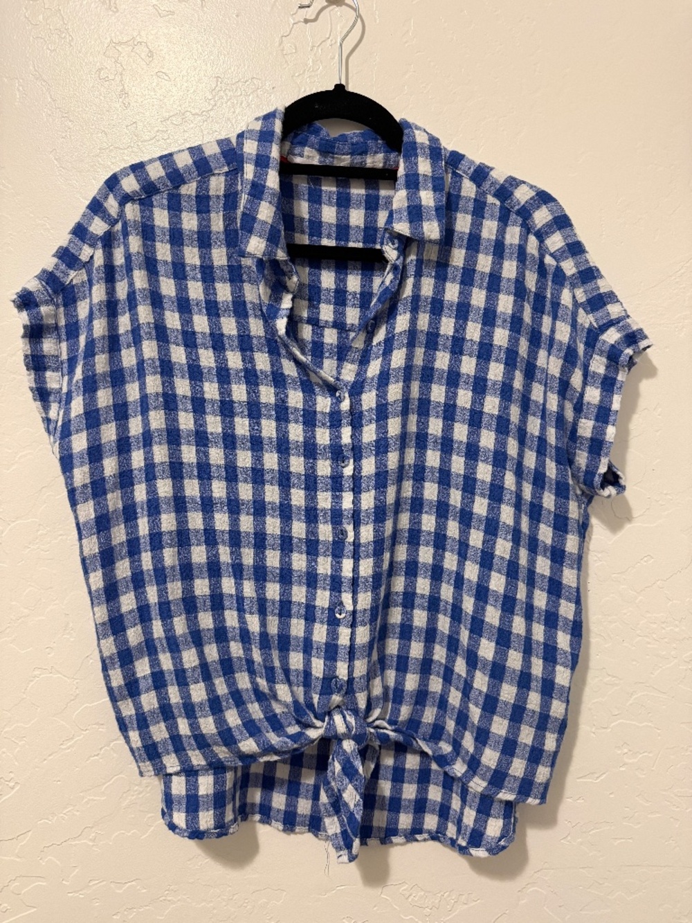 Delancey Blue & White Gingham Tie Front Button Up Top – Size Large - Picture 2 of 4
